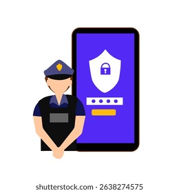 Mobile cybersecurity with police officers, flat vector illustration	
