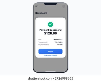Un panel de control móvil con una notificación de pago exitosa. Incluye los detalles de la transacción, el importe, la fecha y el método de pago claramente enumerados.