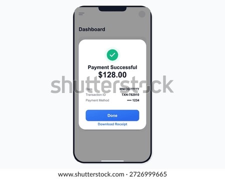 A mobile dashboard with a payment successful notification. It includes transaction details, amount, date, and payment method clearly listed.
