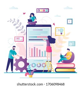 Mobile Data analysis concept. Management app, consulting process or business project. Various web analytics, teamwork. Online information analysis of social media. Web page design. Vector illustration