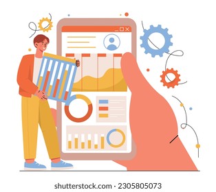 Análisis de datos móviles. Hombre con gráficos y gráficos al lado del teléfono. Analista realiza investigaciones de mercado. Infografía y visualización de datos. Especialista en SEO con diagramas. Dibujo vectorial plano de dibujos animados