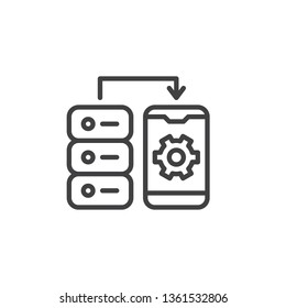 Mobile data connection settings line icon. linear style sign for mobile concept and web design. Data center and mobile phone with gear outline vector icon. Symbol, logo illustration. Pixel perfect
