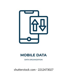 Icono de datos móviles. Ilustración vectorial lineal de la recopilación de la organización de datos. Esbozar vector de icono de datos móviles. Símbolo de línea delgada para uso en aplicaciones web y móviles, logotipo, medios impresos.