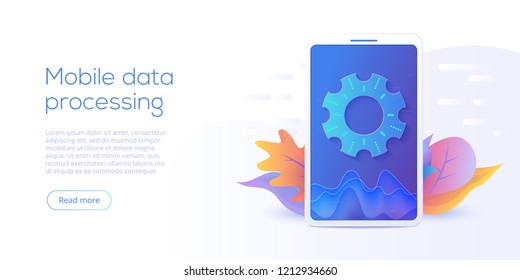Mobile data processing technology in isometric vector illustration. Information storage and analysis system. Digital technology website landing page template.