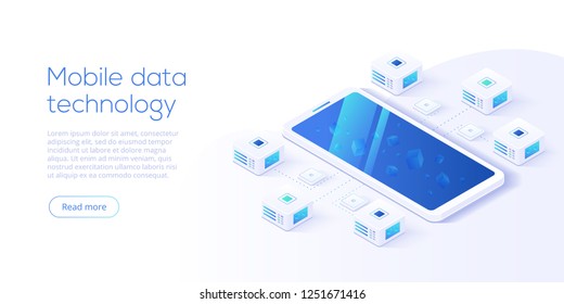 Mobile data processing technology in isometric vector illustration. Information storage and analysis system. Digital technology website landing page template.