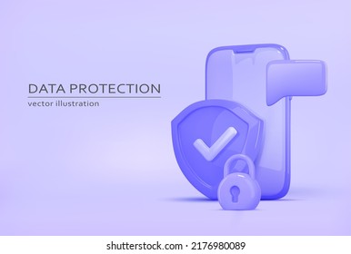 Mobile data protection in 3d style. Shield, padlock, smartphone secure icon. Cyber protection. Concept safety access, security guarantee, protect, safe.Realistic vector illustration