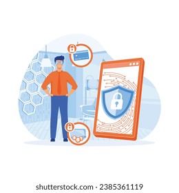 Mobile Data Protection Concept with Guard Character Protect Smartphone With Lock On Screen. flat vector modern illustration 