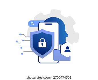 Mobile data protection concept with shield lock symbol securing smartphone information, user privacy and digital identity. Cybersecurity encryption and mobile data secure connection illustration