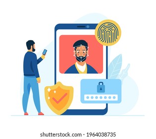 Mobile data protection and security concept flat vector illustration. Male cartoon character with smartphone. Face recognition. Finger print unlock. Two step verification