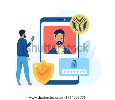 Mobile data protection and security concept flat vector illustration. Male cartoon character with smartphone. Face recognition. Finger print unlock. Two step verification