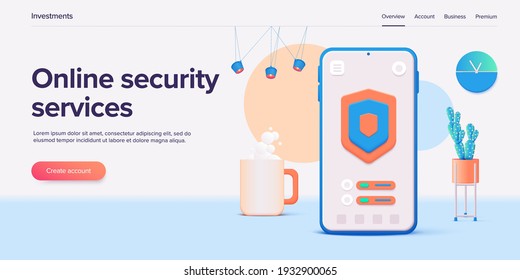 Mobile data security in 3d vector illustration. Online protection system concept with smartphone and verification code field. Secure transfer or transaction with password via internet.  