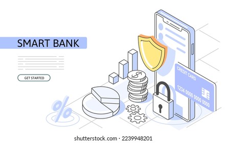 Mobile data security Isometric Concept. Use for web page, banner, infographics. Flat illustration editable line. Network Smartphone