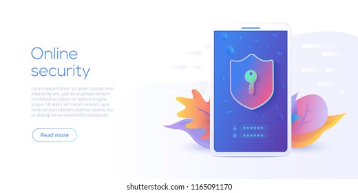 Mobile data security isometric vector illustration. Online protection system concept with smartphone and verification code filed. Secure transfer or transaction with password via internet.  