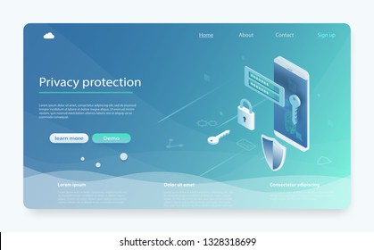Mobile data security isometric vector illustration. Banner with protect data and confidentiality. Mobile data security isometric. Security data protection concept. Online server protection system.