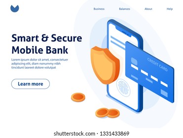 Mobile data security isometric vector illustration. Online payment protection system concept with smartphone and credit card. Secure bank transaction with password verification via internet.