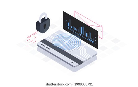 Mobile data security isometric vector illustration. Online payment protection system. Fingerprint recognition technology.