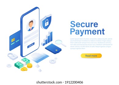 Mobile data security isometric vector illustration. Online payment protection system concept with smartphone and credit card. Secure bank transaction with password verification via internet.
