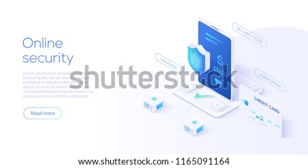 Mobile data security isometric vector illustration. Online payment protection system concept with smartphone and credit card. Secure bank transaction with password verification via internet.  