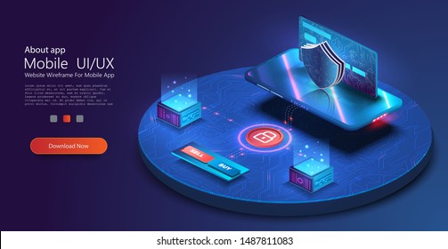 Mobile data security. Online payment protection system concept with smartphone and credit card. Digital security financial information and protection access bank account. Isometric vector illustration