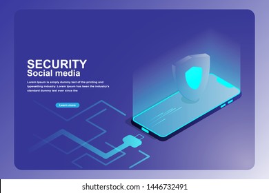 Mobile data security protection landing page. Isometric 3d of smart phone with guard shield isolated on futuristic charging cable blue background. 