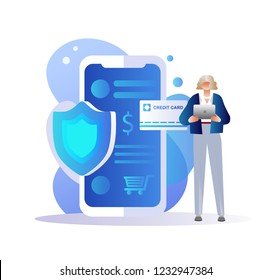 	
Mobile data security vector illustration. Online payment protection system concept with smartphone and credit card. Secure bank transaction with password verification via internet. Character design