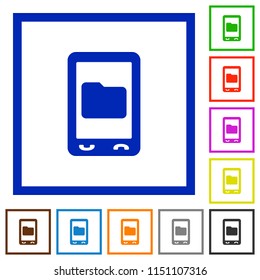 Mobile data storage flat color icons in square frames on white background