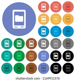 Mobile data storage multi colored flat icons on round backgrounds. Included white, light and dark icon variations for hover and active status effects, and bonus shades.