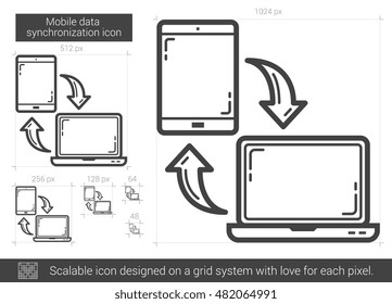 Mobile data synchronization vector line icon isolated on white background. Mobile data synchronization line icon for infographic, website or app. Scalable icon designed on a grid system.