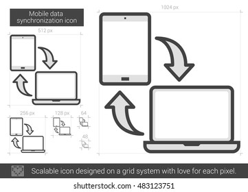 Mobile data synchronization vector line icon isolated on white background. Mobile data synchronization line icon for infographic, website or app. Scalable icon designed on a grid system.