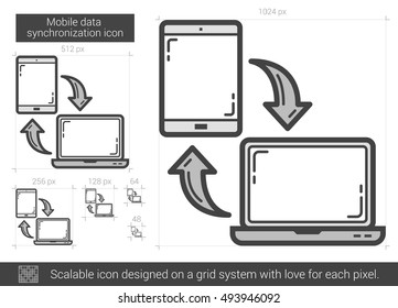 Mobile data synchronization vector line icon isolated on white background. Mobile data synchronization line icon for infographic, website or app. Scalable icon designed on a grid system.