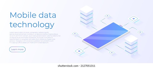 Konzept der mobilen Datentechnologie. Isometrisches Telefon mit Servern. Unternehmensanalyse.