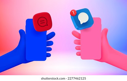 Mobile data transfer concept. 3d vector illustration with hands holding smartphones