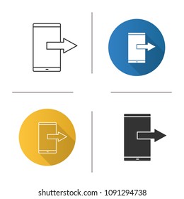 Mobile data transfer icon. Outgoing call or message. Smartphone. Flat design, linear and glyph styles. Isolated vector illustrations
