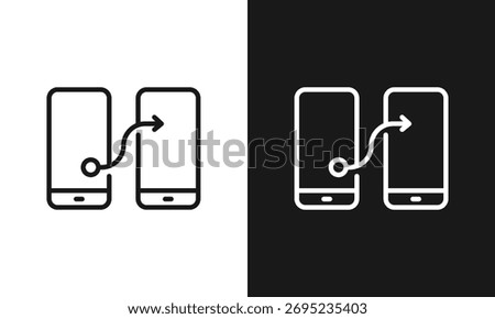 Mobile Data Transfer Peer-to-Peer Outline Icon A simple line art icon showing data being transferred from one mobile phone to another via an arrowed line, representing P2P sharing, device sync.
