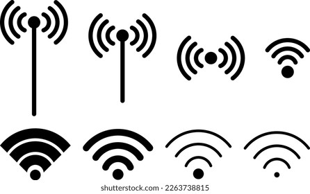 Mobildaten und Wi-Fi. Antennensymbol mit Wellen und Wi-Fi in verschiedenen Stärken.
