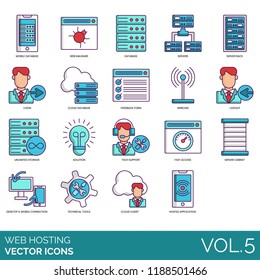 Mobile database, malware, server rack, login, logout, cloud, feedback form, wireless, unlimited storage, solution, tech support, fast access, desktop connection, tools, application web hosting icons.