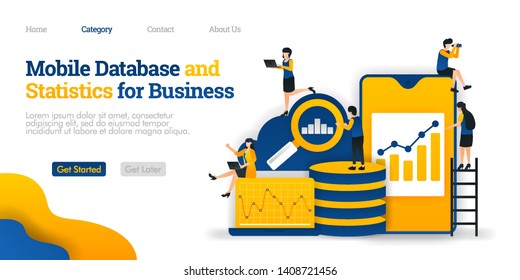 Mobile Database and Statistics for Business, collecting various data in cloud database. Vector flat illustration concept, can use for, landing page, template, ui, web, homepage, poster, banner, flyer