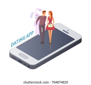 Mobile Dating app concept. Young couple, man and woman on a romantic date on the smartphone screen. Gifts for Valentine's day, plush Bunny and box with bow. Vector illustration, isolated on white.