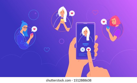 Mobile dating app for finding new friends, hook-ups and romantic partners. Bright vector illustration of human hand holding smartphone and pushing the button with heard symbol for friendship or love