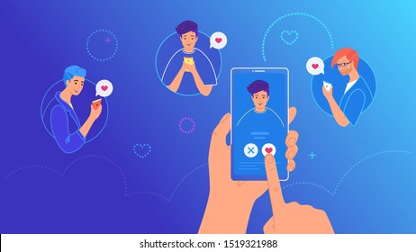 Mobile dating app for finding new friends, hook-ups and romantic partners. Bright vector illustration of human hand holding smartphone and pushing the button with heard symbol for friendship or love