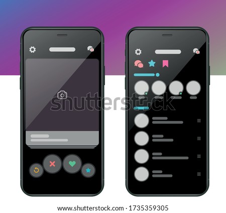 Mobile Dating App UI and UX Alternative Trendy Concept Vector Mockup in Black Color Theme on Frameless Smart Phone Screen Isolated on White Background.