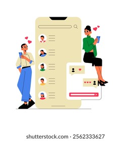 Mobile Dating App Users In Flat Vector Illustration Symbolizing Online Dating, Communication, And Modern Relationships, Isolated On White Background.