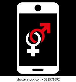 Mobile Dating vector icon. Style is bicolor flat symbol, red and white colors, rounded angles, black background.