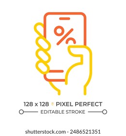 Mobile deal two color line icon. Online shopping app. Ecommerce sale offer. Hand holding phone bicolor outline symbol. Duotone linear pictogram. Isolated illustration. Editable stroke