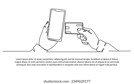 Mobile- und Debitkartenverbindung mit einer durchgängigen Linie. Dekorative Elemente auf weißem Hintergrund.