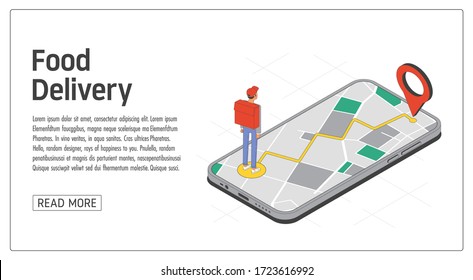 Mobile Delivery App. Courier with bag. Map with destination point. Delivery concept. Vector illustration