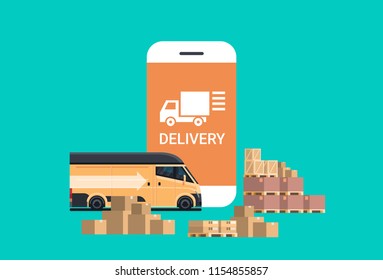 mobile delivery application cargo minivan loading parcel packages box international delivery industrial concept flat horizontal vector illustration