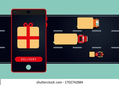 Mobile delivery concept. Phone and transportation. Flat style. Shipping service vector illustration.