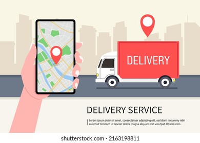 Mobile delivery service application. Delivery truck and mobile phone with map on city background. Vector illustration.