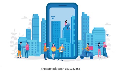 Mobile Delivery Service, Courier Riding Motorcycle With Box, City Buildings in smartphone Background, Flying Drone, Fast delivery of package service, Delivery home and office.  Vector illustration 
